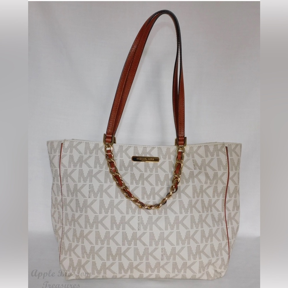 Michael Kors White and Tan Tote with Chain Detail